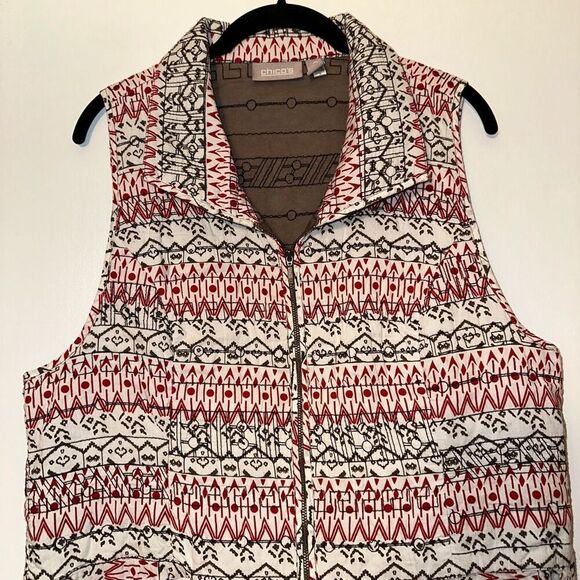 Chicos White Red Brown Embroidered Geometric Vest Size 2 (Large) EUC - Picture 3 of 11